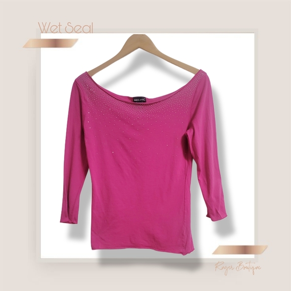 🌿Wet Seal Women’s Large Hot Pink Bedazzled Top Scoop Neck 3/4 Sleeve Cotton Y2K - Picture 3 of 10